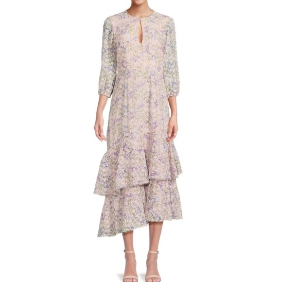 MIKAEL AGHAL Embroidered Asymmetric elbow sleeve Midi Dress - Picture 1 of 10
